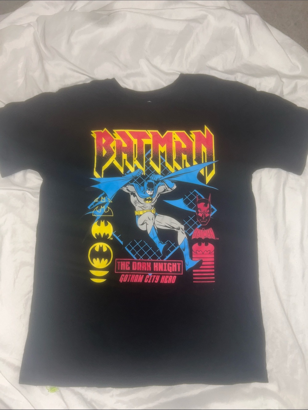 Batman Kids Short Sleeve Tee in Black with Yellow, Blue & Red Graphic